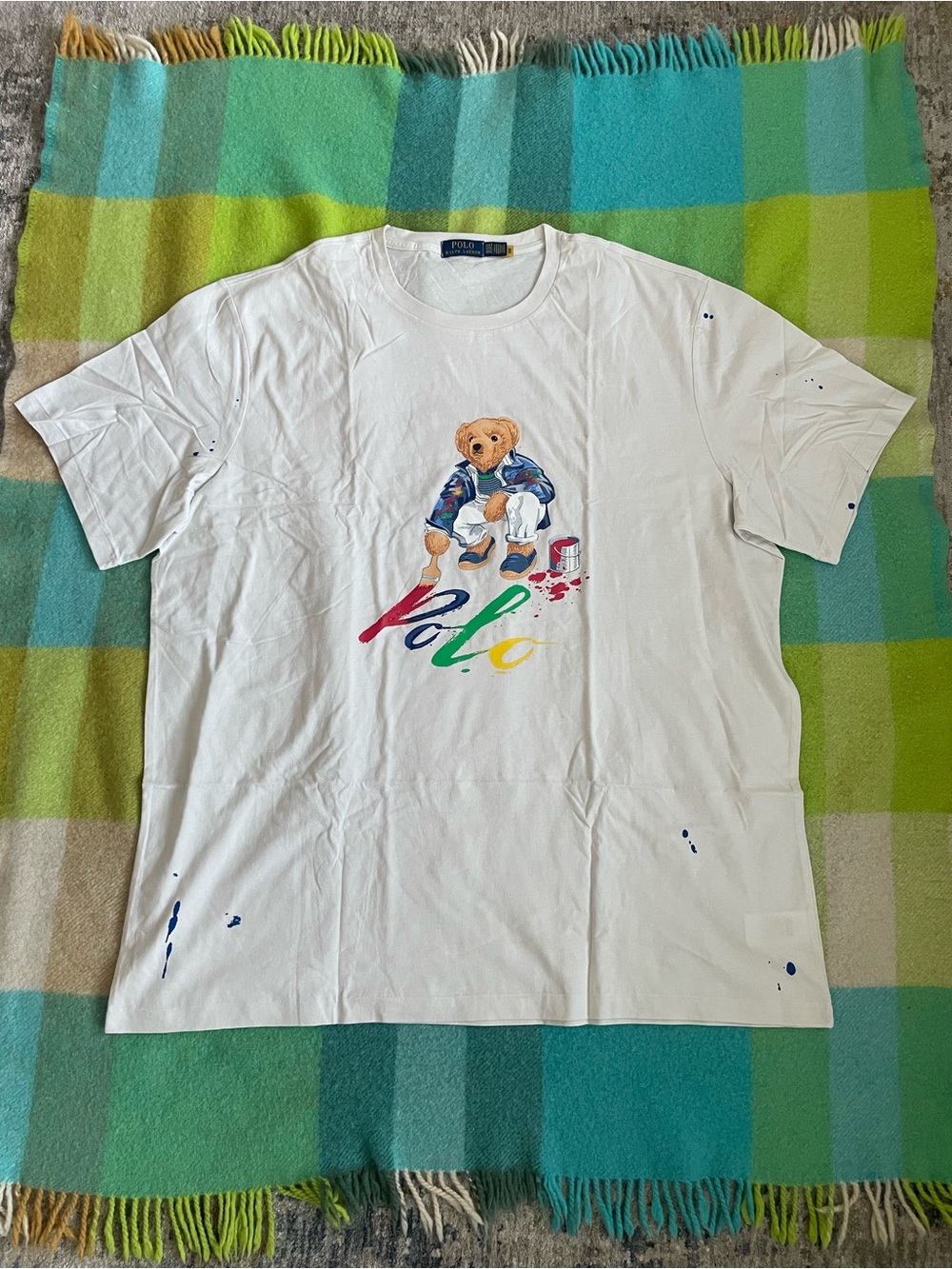 Polo Ralph Lauren Bear Nevis Paint Splatter Cotton Tee Shirt White Mens